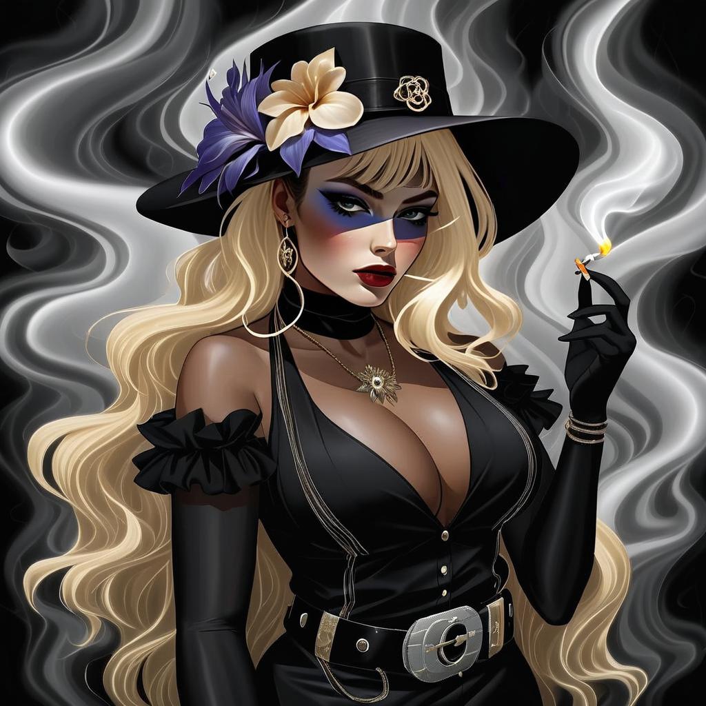 Stylish Woman in Black Hat with Flowers Digital Illustration