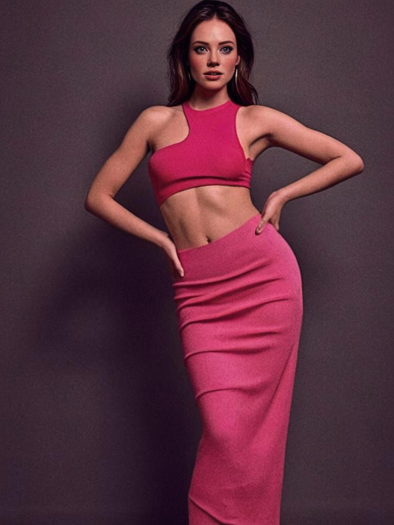 Young Woman in Modern Fuchsia Two-Piece Outfit Against Neutral Background