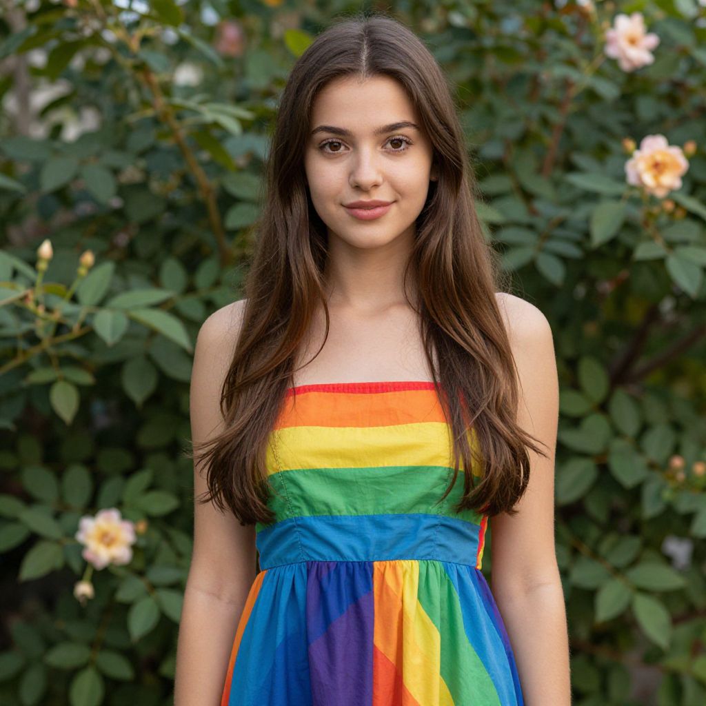 Young Woman Wearing Rainbow Dress Outdoors with Green Foliage