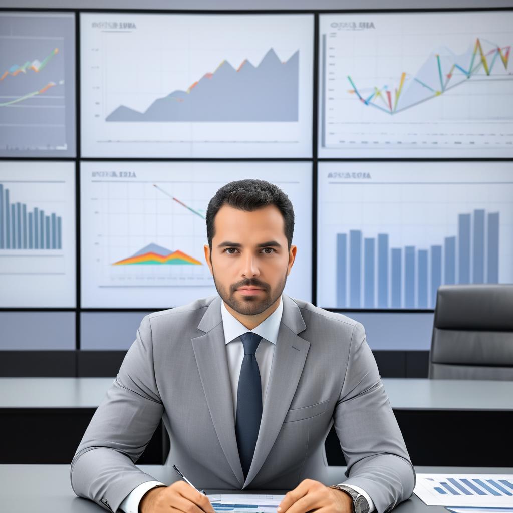 Confident Businessman in Gray Suit at Modern Office Desk