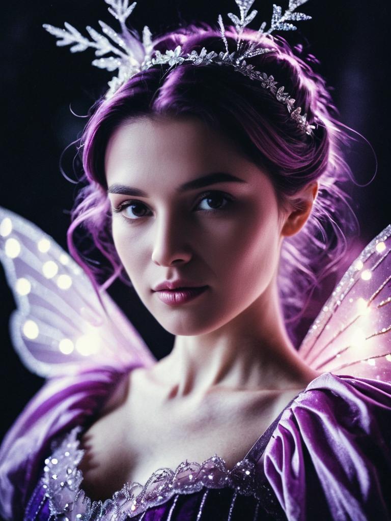 Woman in Magical Sugar Plum Fairy Costume with Glowing Wings and Purple Hair