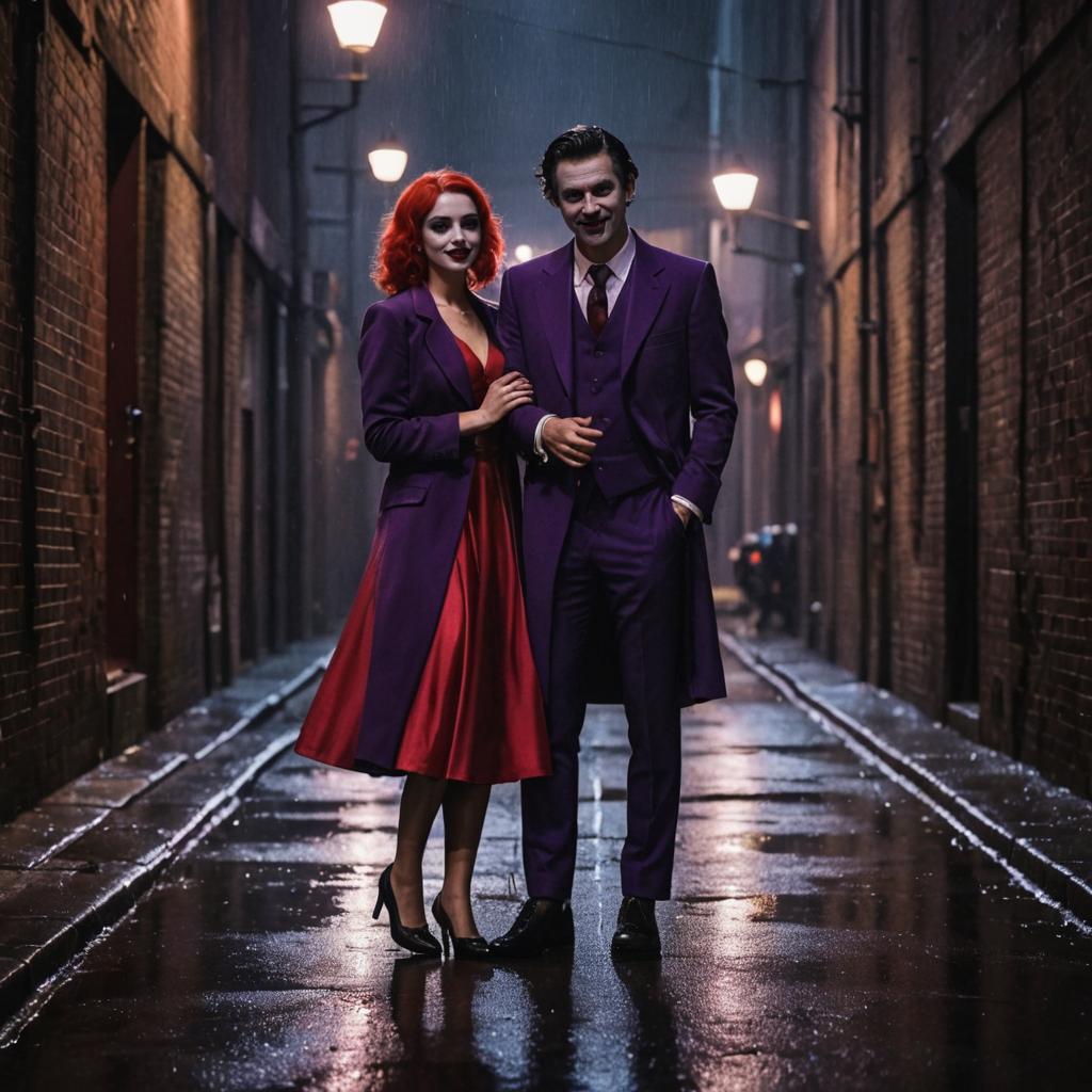 Stylish Couple in Purple and Red Attire Walking in Alley