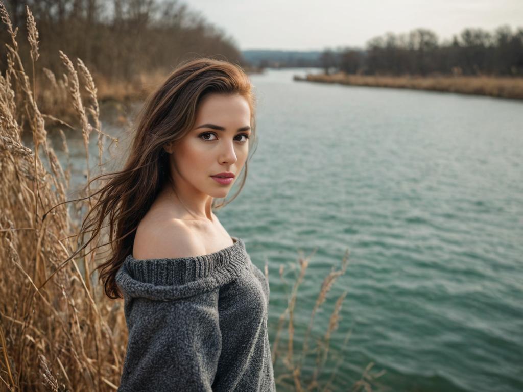 Woman by Tranquil River in Nature