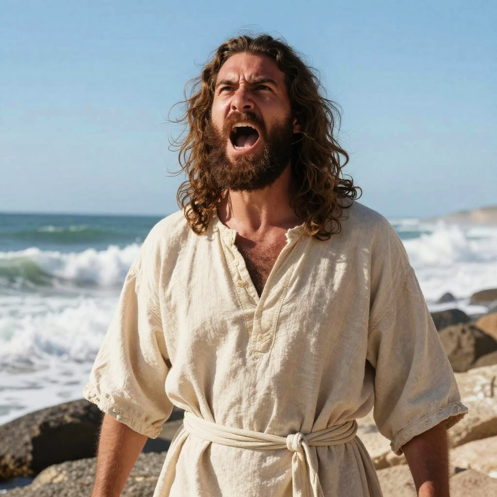Man in Beige Robe Shouting by Ocean Shore