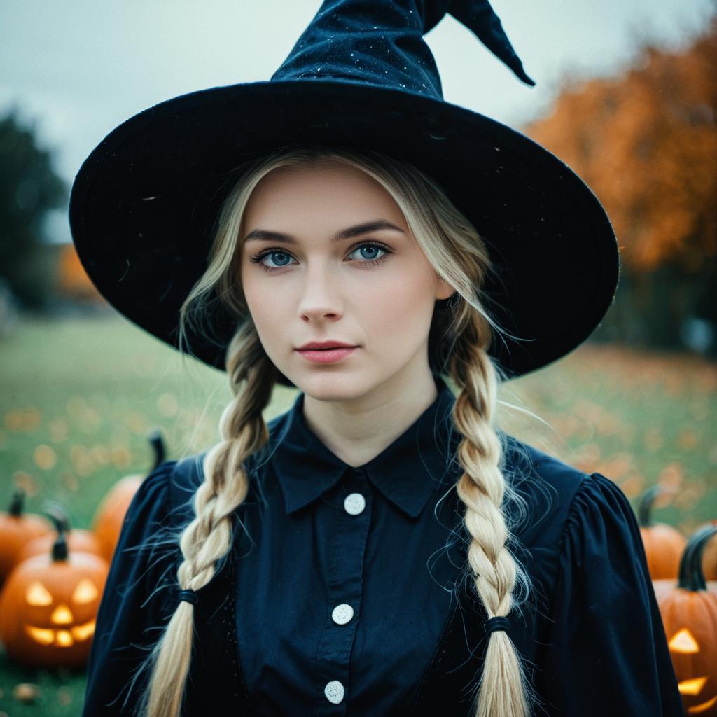 Blonde Woman in Witch Costume with Halloween Pumpkins Outdoors