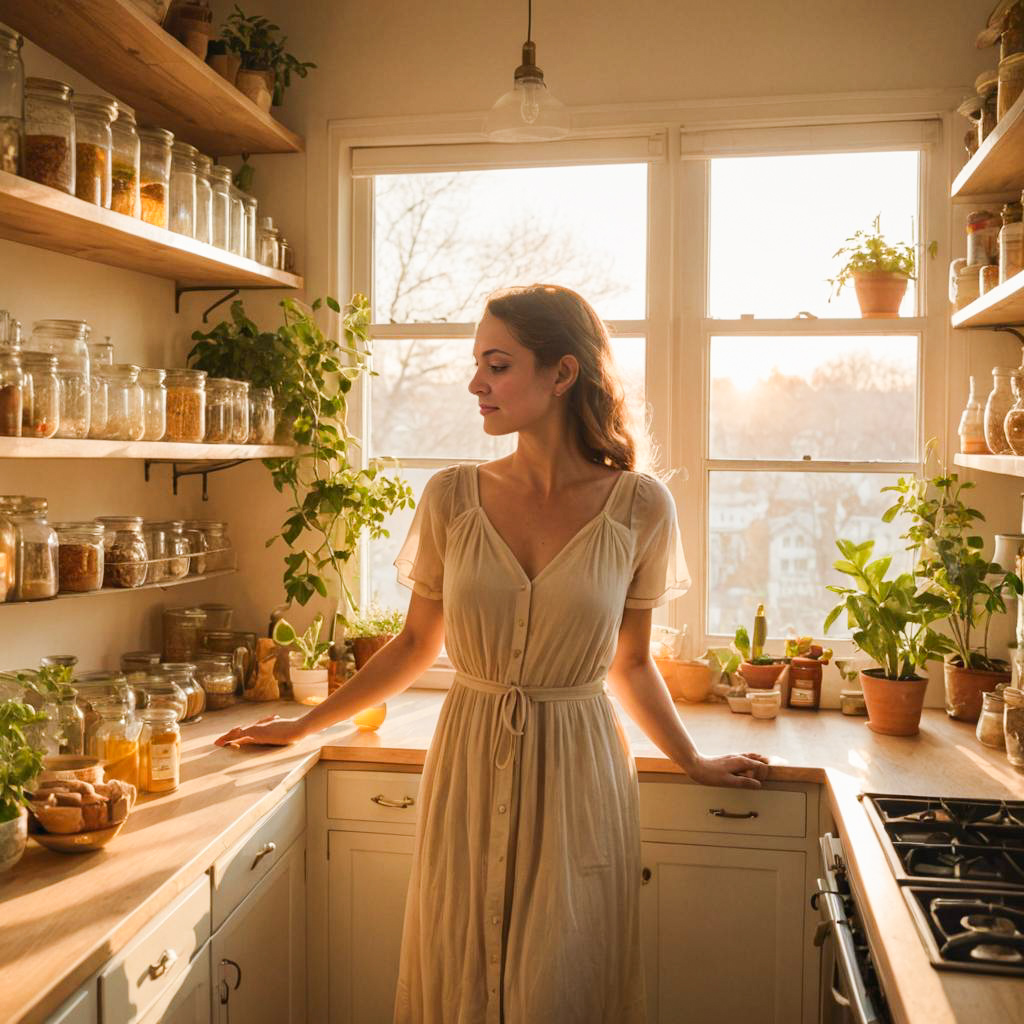 Serene Woman in Sunlit Kitchen