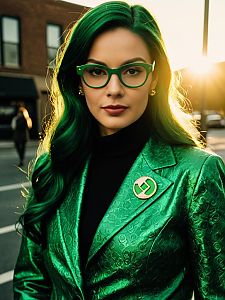 Photorealistic Woman in Riddler Costume Outdoor Portrait Golden Hour