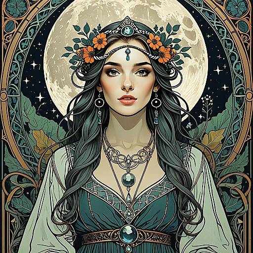 Art Nouveau Style Fantasy Portrait of Woman with Moon and Floral Crown