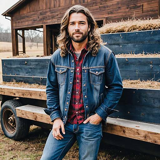 Man in Denim Jacket and Red Plaid Shirt Standing by Hay Wagon in Rural Setting