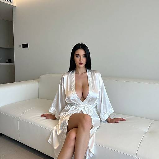 Elegant Woman in Silky White Robe Sitting on White Sofa in Minimalist Interior