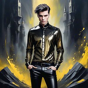 Stylish Man in Sequined Shirt with Abstract Backdrop