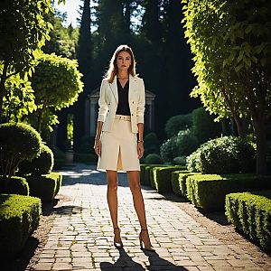 Confident Woman in Chic Outfit on Cobblestone Path
