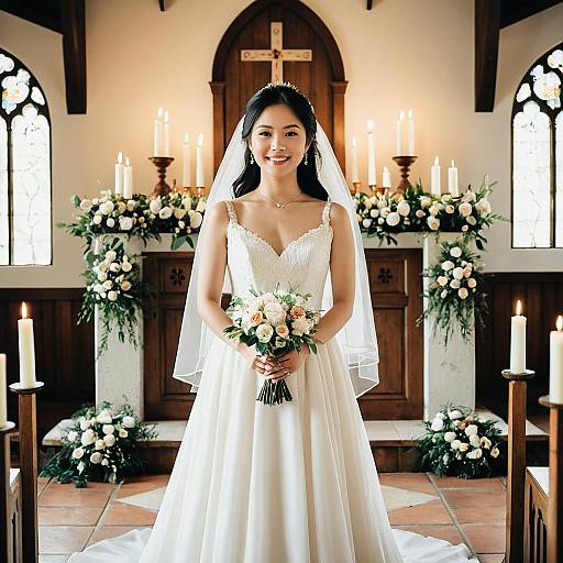 Elegant Bride in Lace Wedding Dress Holding Bouquet in Chapel