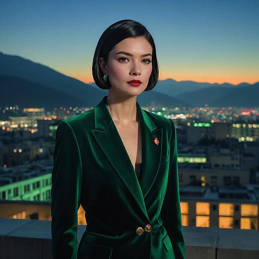 Elegant Woman in Emerald Velvet Blazer on Rooftop at Dusk with Cityscape Background