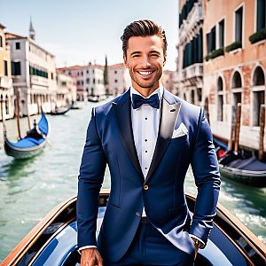 Stylish Man in Blue Tuxedo on Gondola in Italian Canal