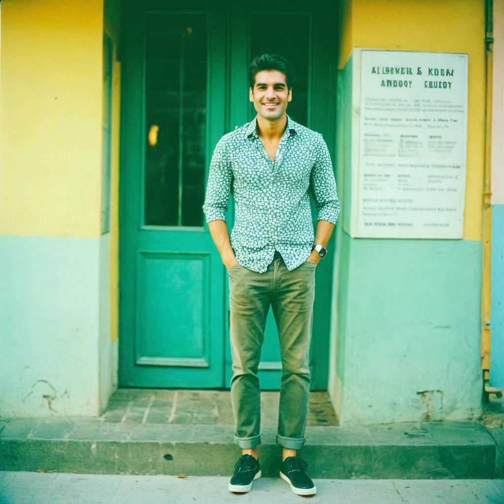Young Man in Front of Teal Door Young Man in Front of Teal Door