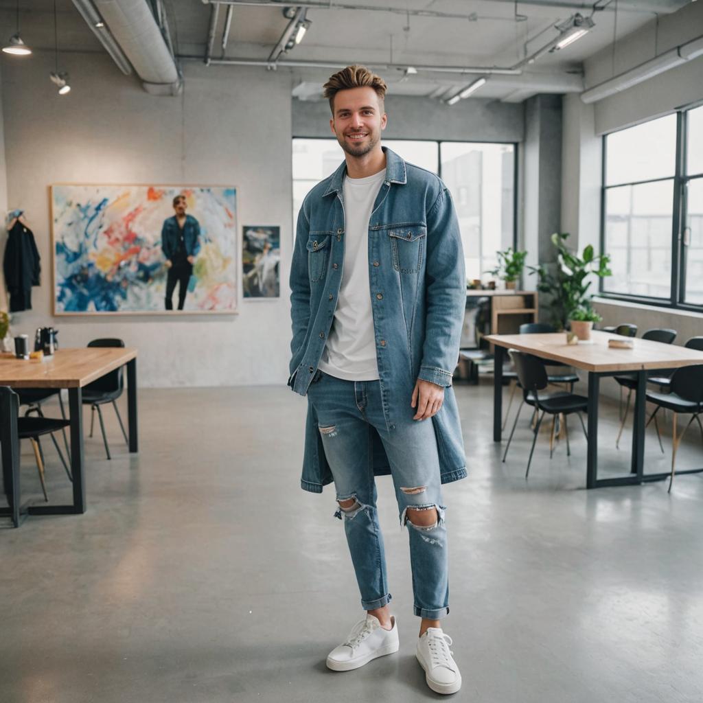 Stylish Man in Denim Jacket Against Abstract Art