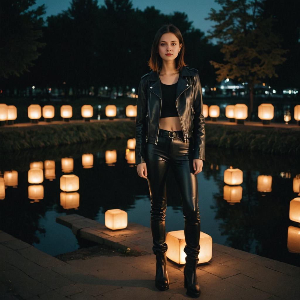 Confident Woman in Leather Jacket at Twilight