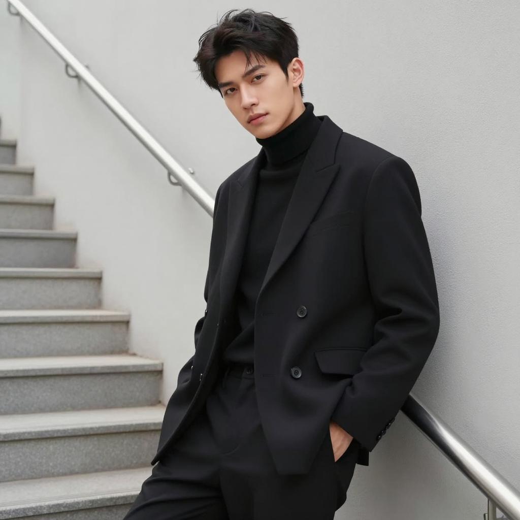 Modern Minimalist Style Young Man in Black Blazer on Staircase
