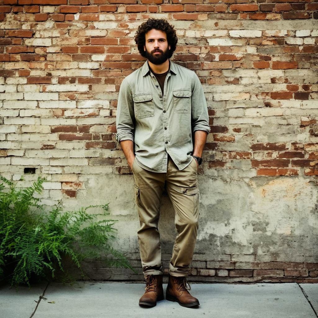 Bearded Man in Olive Shirt Against Brick Wall