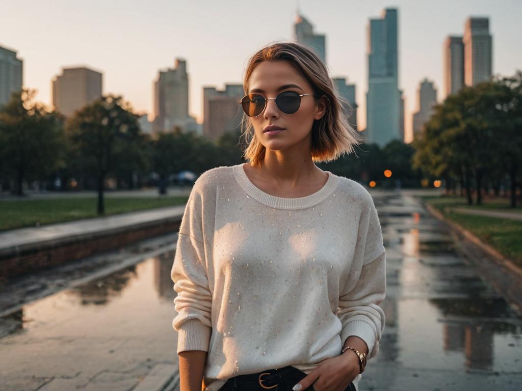 Stylish woman in casual sexy attire with gray skirt and sunglasses in urban setting