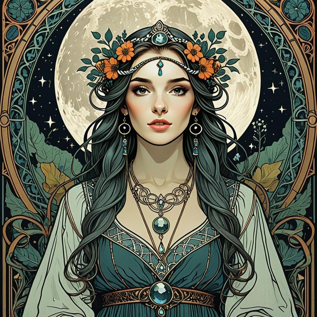 Art Nouveau Style Fantasy Portrait of Woman with Moon and Floral Crown