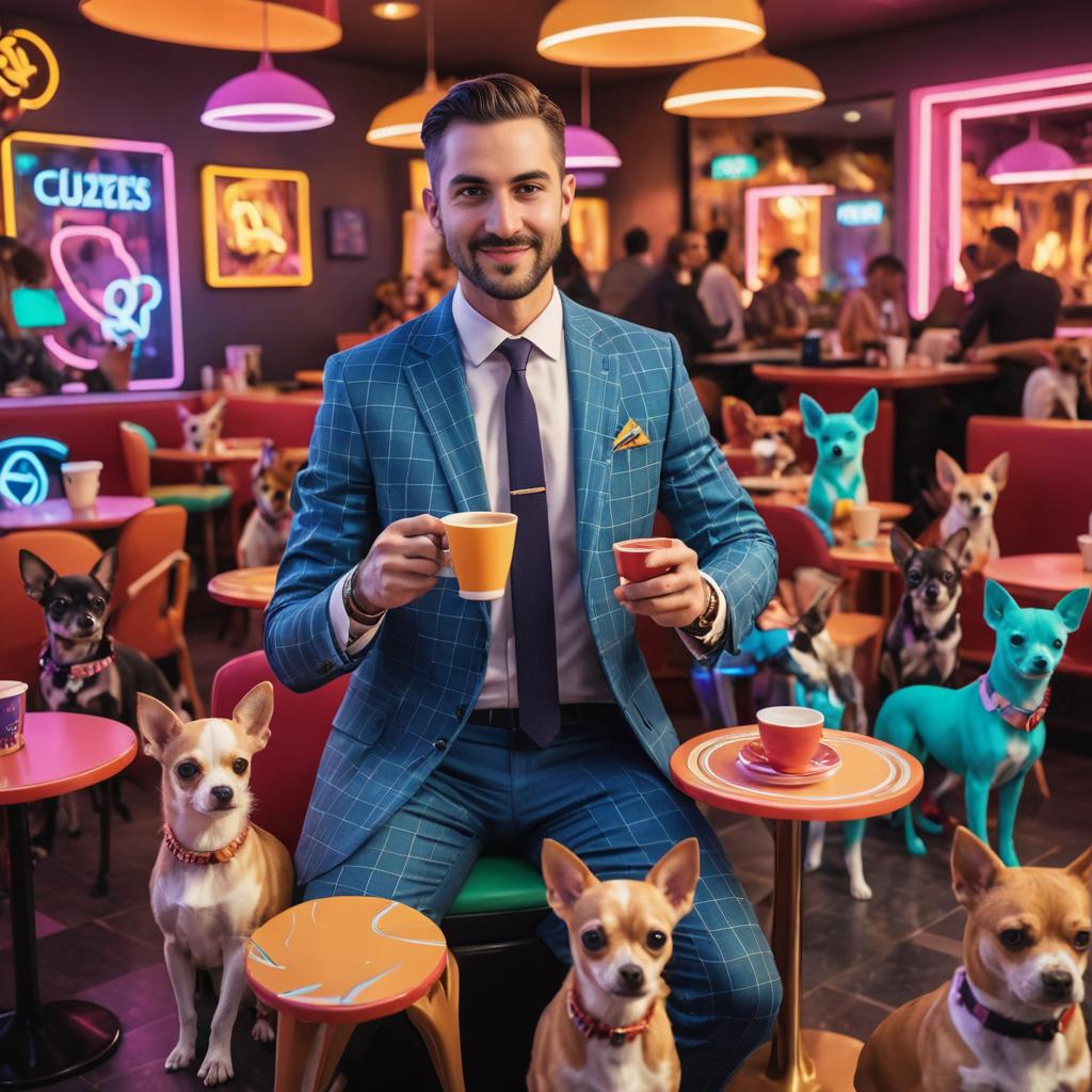 Man in Blue Checkered Suit Enjoying Coffee in Artistic Cafe