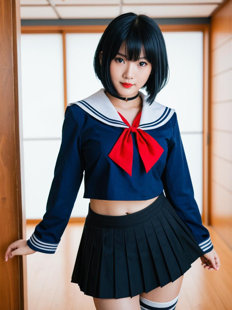 Young Woman in Classic Japanese Schoolgirl Uniform with Red Bow and Pleated Skirt