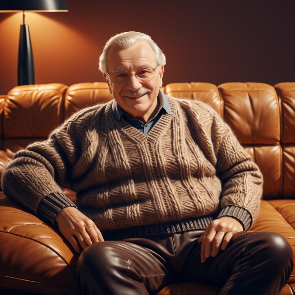 Welcoming Portrait of an Older Man on Leather Sofa