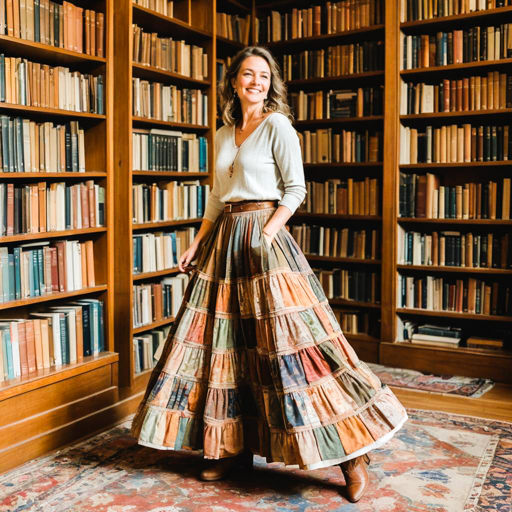 Woman Twirling in Colorful Skirt in Library