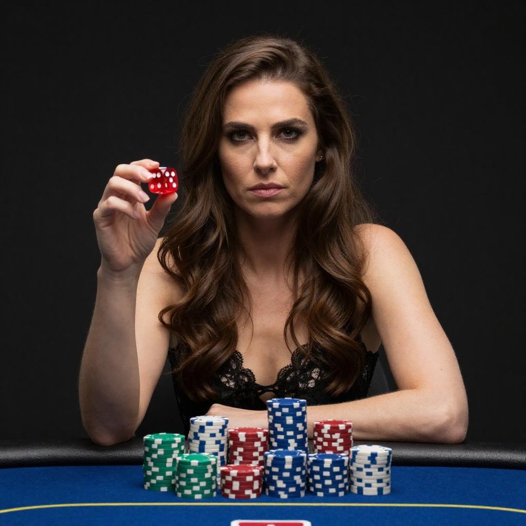 Focused Woman Holding Red Die at Poker Table with Chips