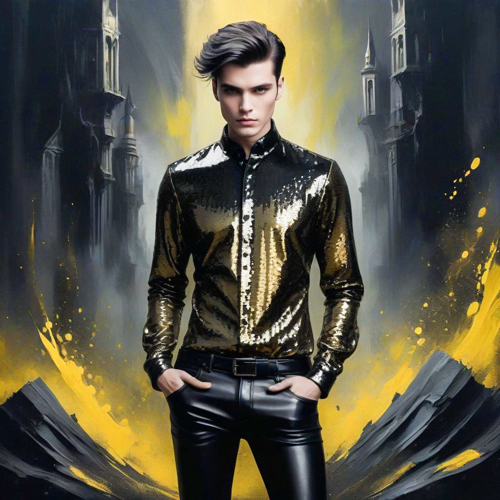 Stylish Man in Sequined Shirt with Abstract Backdrop