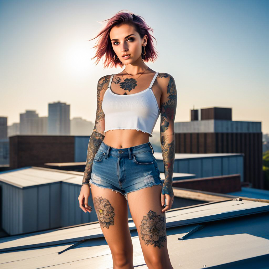 Confident Woman with Pink Hair and Tattoos on Rooftop