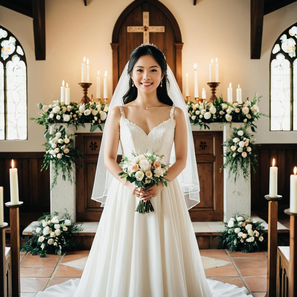 Elegant Bride in Lace Wedding Dress Holding Bouquet in Chapel