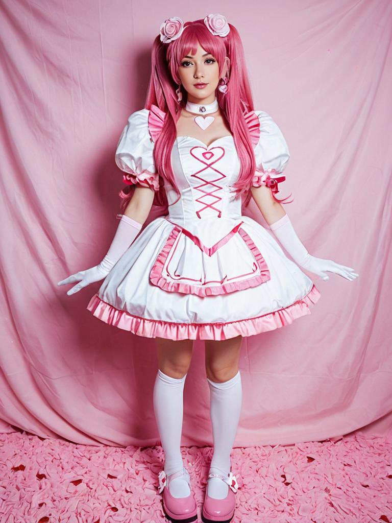 Magical Girl Cosplay in Pink and White Dress with Heart Motifs
