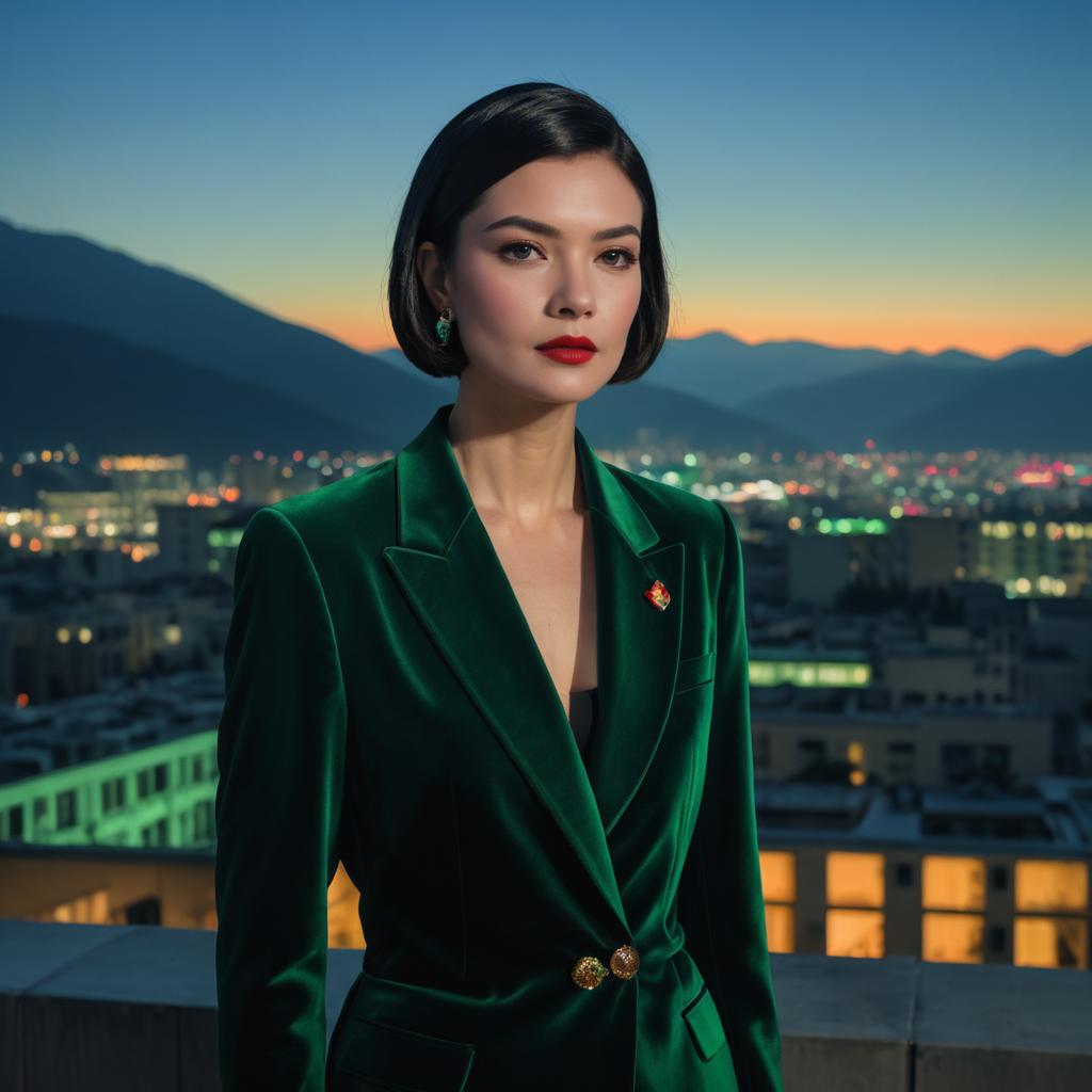 Elegant Woman in Emerald Velvet Blazer on Rooftop at Dusk with Cityscape Background