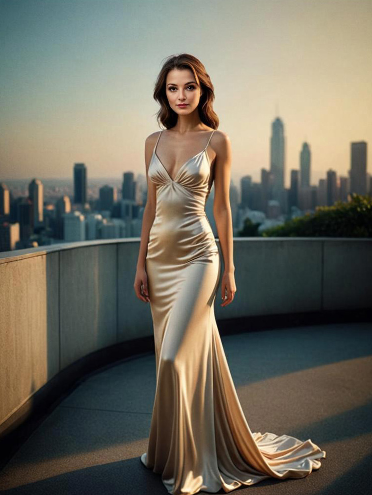 Elegant Woman in Satin Dress on Rooftop at Golden Hour