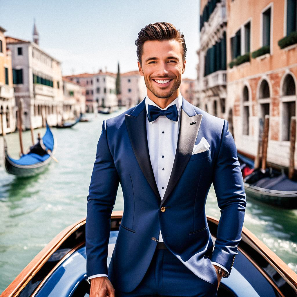 Stylish Man in Blue Tuxedo on Gondola in Italian Canal