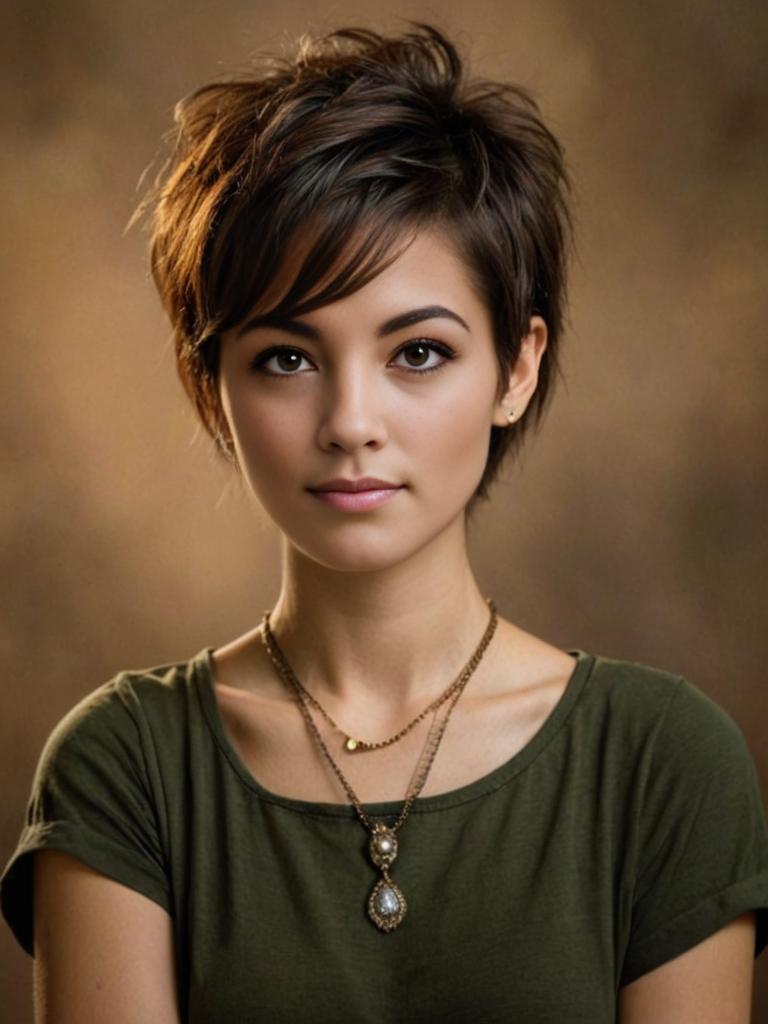 Confident Woman with Pixie Haircut in Green Top