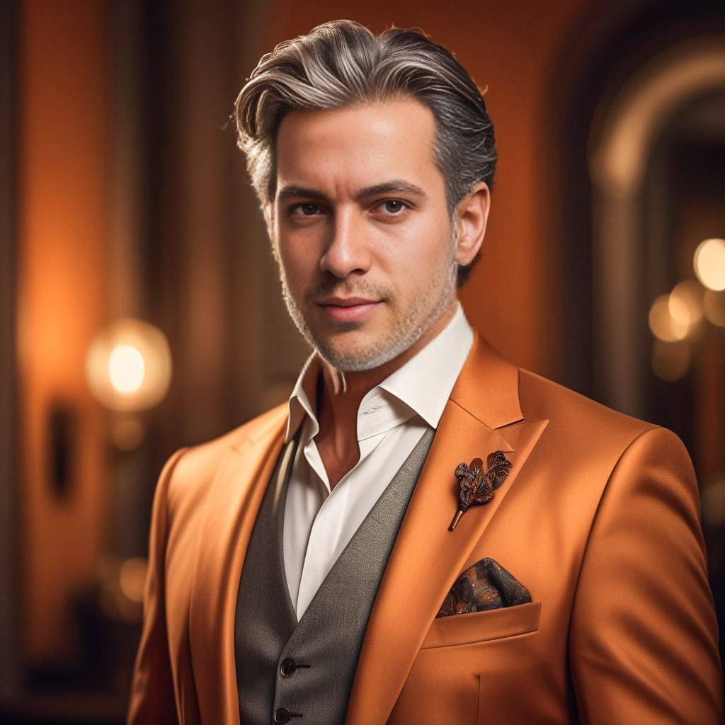 Confident Man in Burnt Orange Satin Blazer
