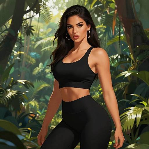 Confident Woman in Black Activewear in Jungle Environment