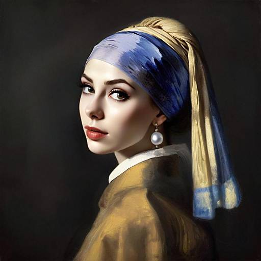 Elegant Woman in Blue and Gold Headscarf with Pearl Earring Portrait