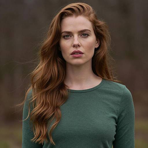 Portrait of a Young Woman with Red Hair in Green Top Outdoors