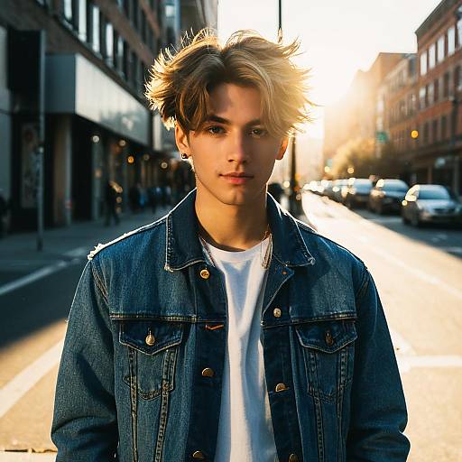 Stylish Young Man in Denim Jacket on City Street at Sunset