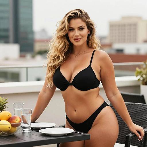 Confident Woman in Black Bikini on Rooftop Terrace