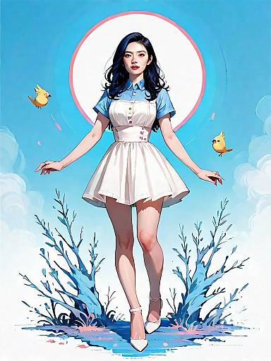 Realistic Comic Style Illustration of Chic Woman in White Dress with Birds