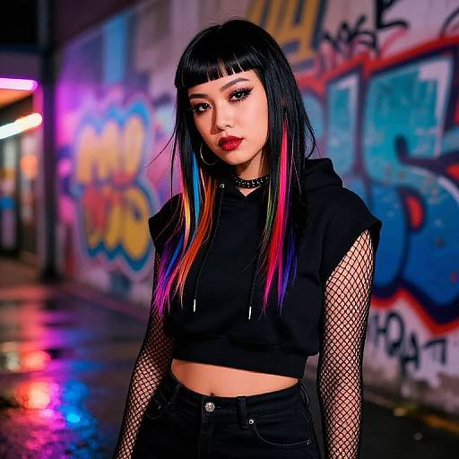 Young Woman with Rainbow Hair and Edgy Street Style in Urban Graffiti Setting