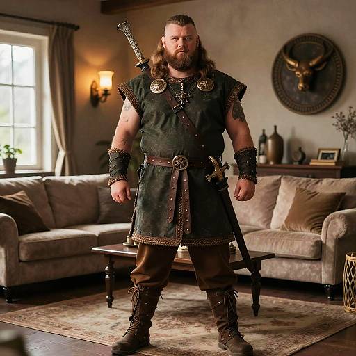 Plus Size Man Wearing Authentic Viking Costume with Sword Indoors