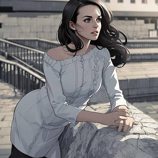 Digital Anime Style Portrait of Woman Leaning on Stone Railing
