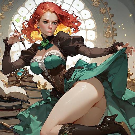 Steampunk Red-Haired Woman in Corset and Green Dress Digital Artwork